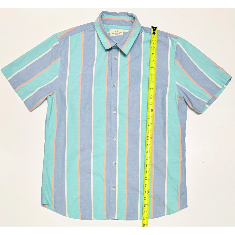 Marine Layer Mens Large Short Sleeve Button Down Shirt Striped Blue Teal Orange